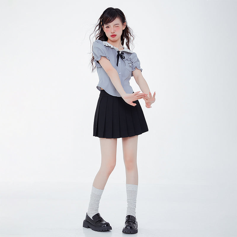 kawaii-cute-women-outfit-styled-with-pochacco-grey-blouse-and-black-pleated-mini-skirt