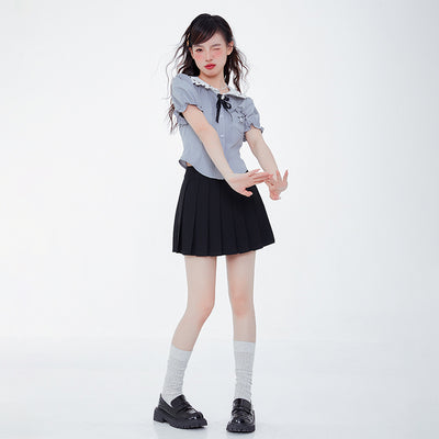 kawaii-cute-women-outfit-styled-with-pochacco-grey-blouse-and-black-pleated-mini-skirt