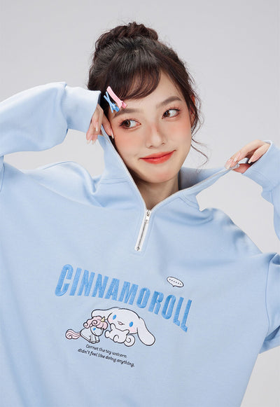 kawaii-embroidery-cinnamoroll-half-zip-stand-collar-sweatshirt-in-blue