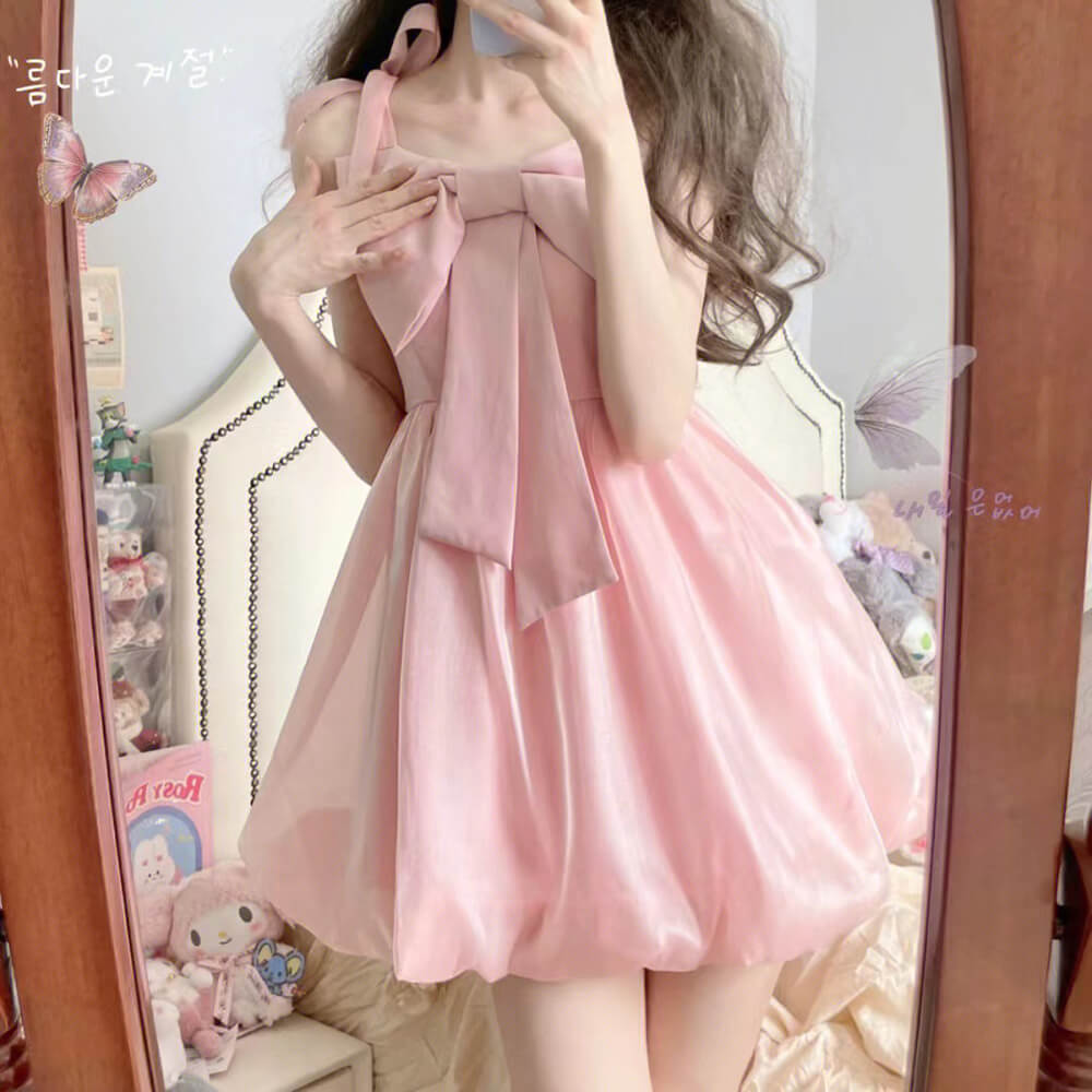Front Big Bow Suspender Dress pink Bow pink Dress / L