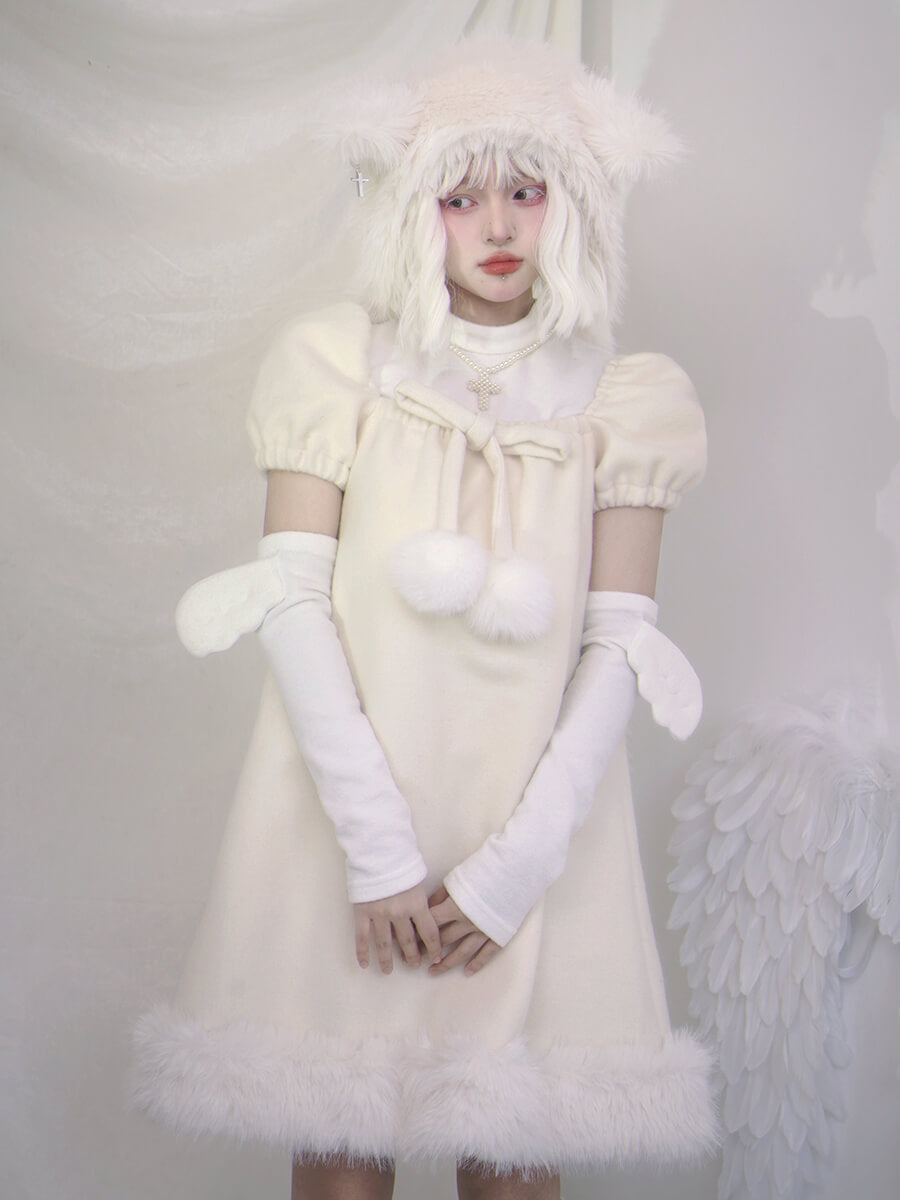 kawaii-girly-pom-pom-bow-decor-puff-sleeve-square-neck-cream-white-dress
