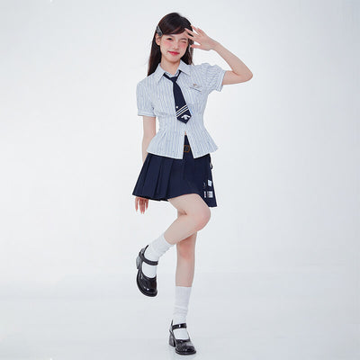 kawaii-jk-girl-wearing-blue-white-striped-cinnamoroll-shirt-and-navy-pleated-mini-skirt