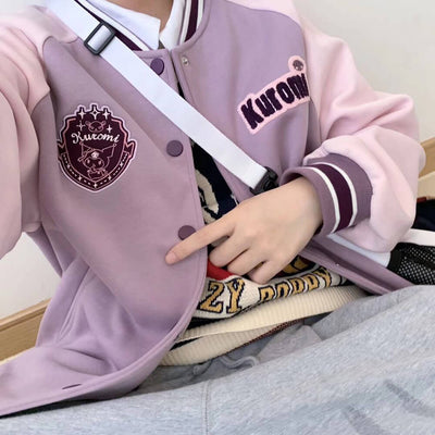 kawaii-kuromi-badge-patchwork-striped-varsity-jacket