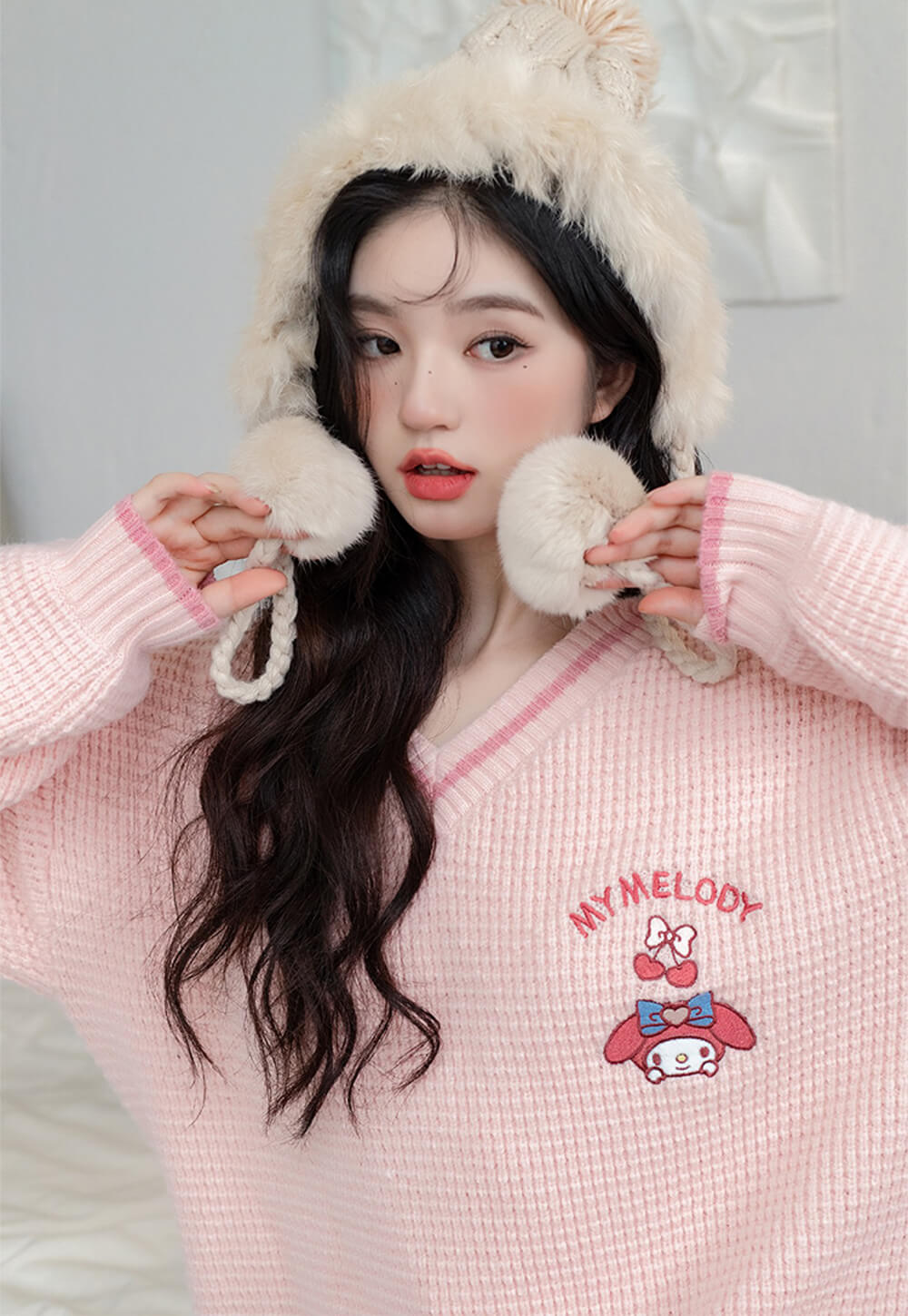 kawaii-pink-my-melody-v-neck-cable-knit-cricket-sweater-pullover