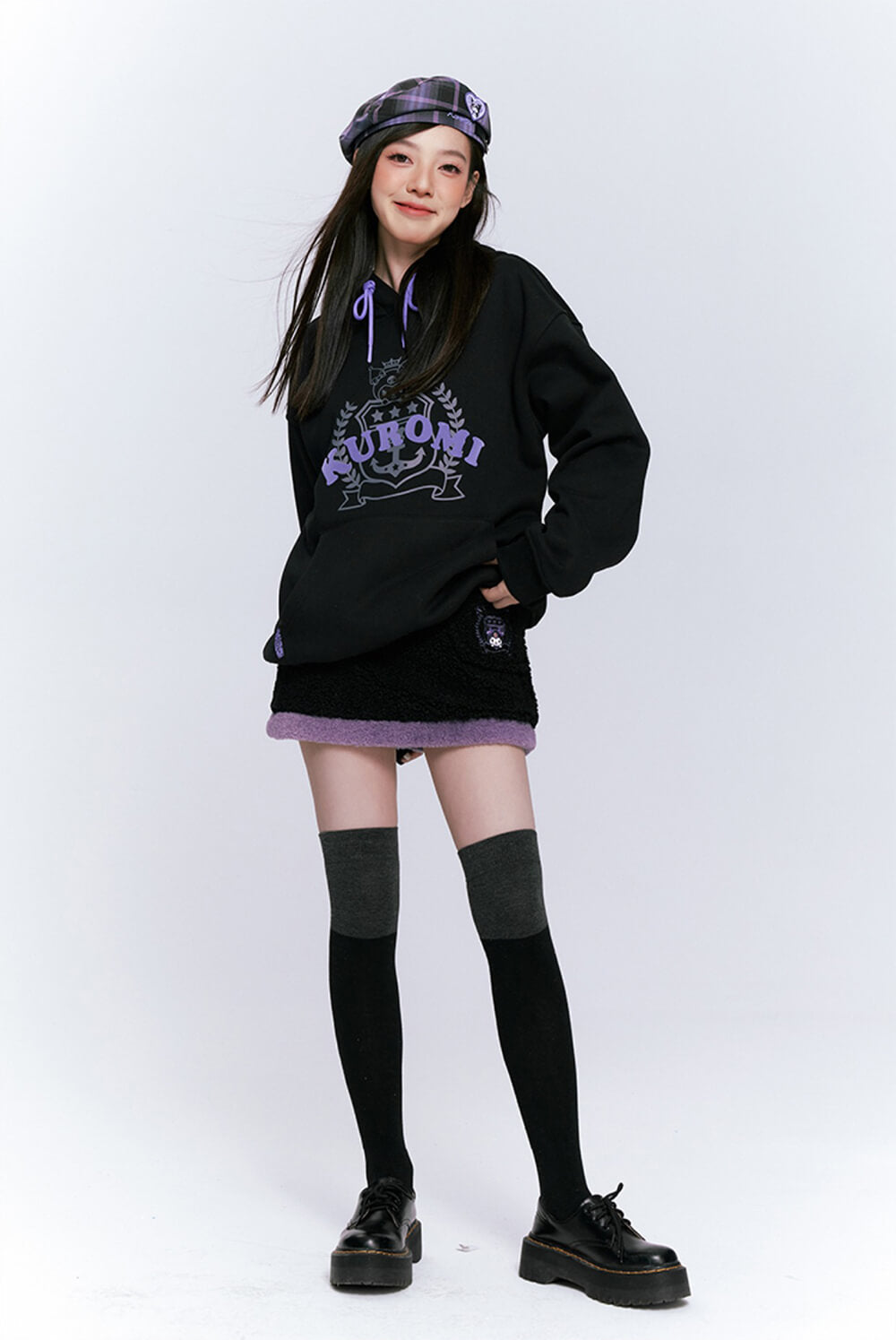 kawaii-preppy-look-styled-by-black-kuromi-hoodie-and-kuromi-sherpa-skirt-and-kuromi-checkered-berret