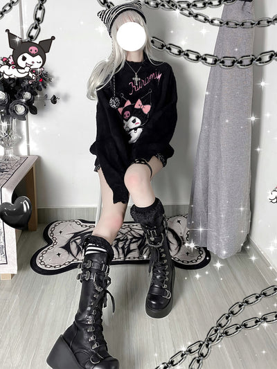 kawaii-punk-embroidery-kuromi-frilled-neckline-pullover-in-black