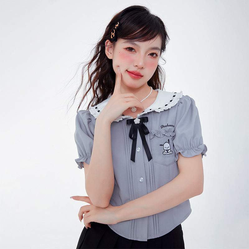 kawaii-sweet-girl-wearing-pochacoo-petan-pan-collar-puff-sleeve-grey-tops
