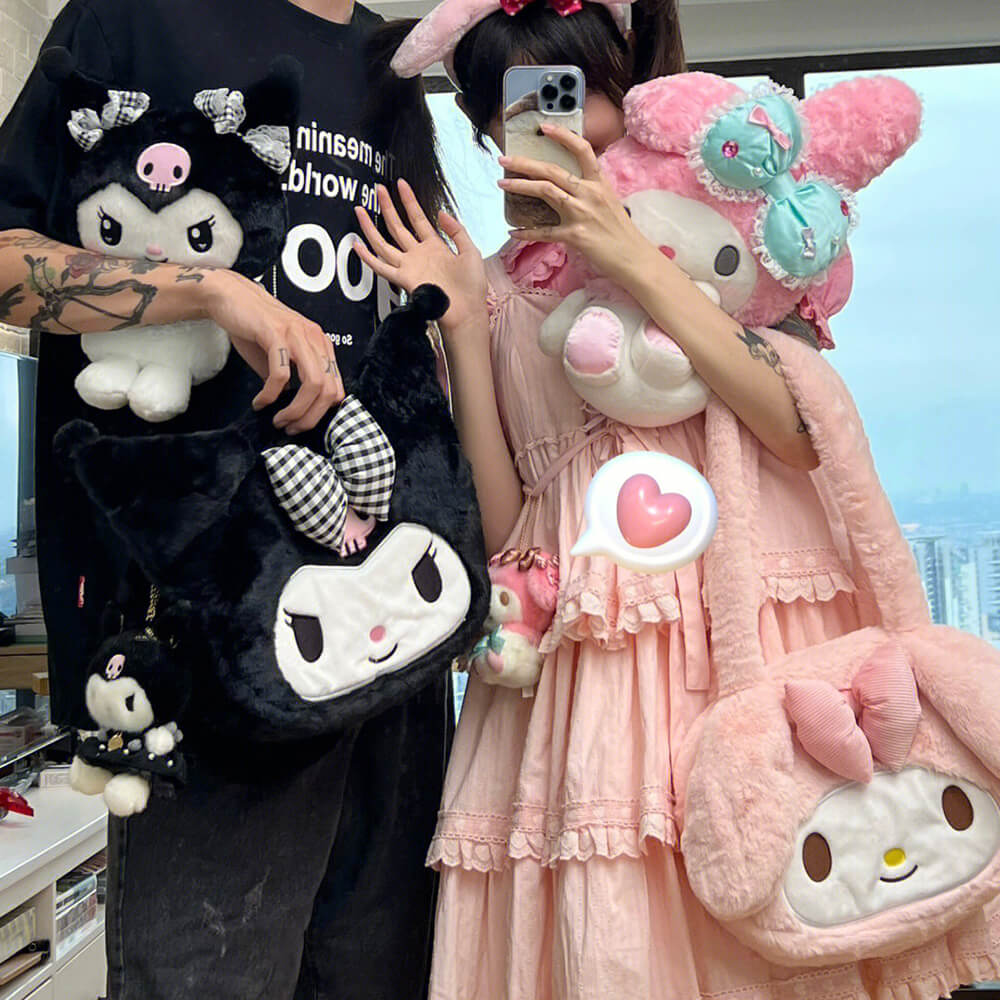 kuromi-and-my-melody-die-cut-face-fluffy-bag-outfit