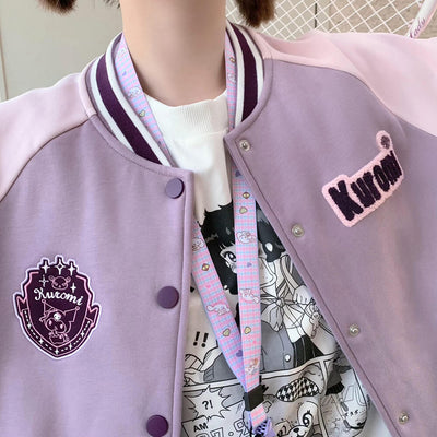 kuromi-badge-patchwork-striped-varsity-jacket-in-purple