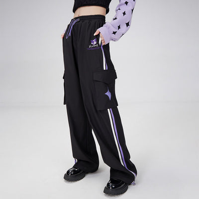 kuromi-embroidery-striped-baggy-cargo-pants-in-black