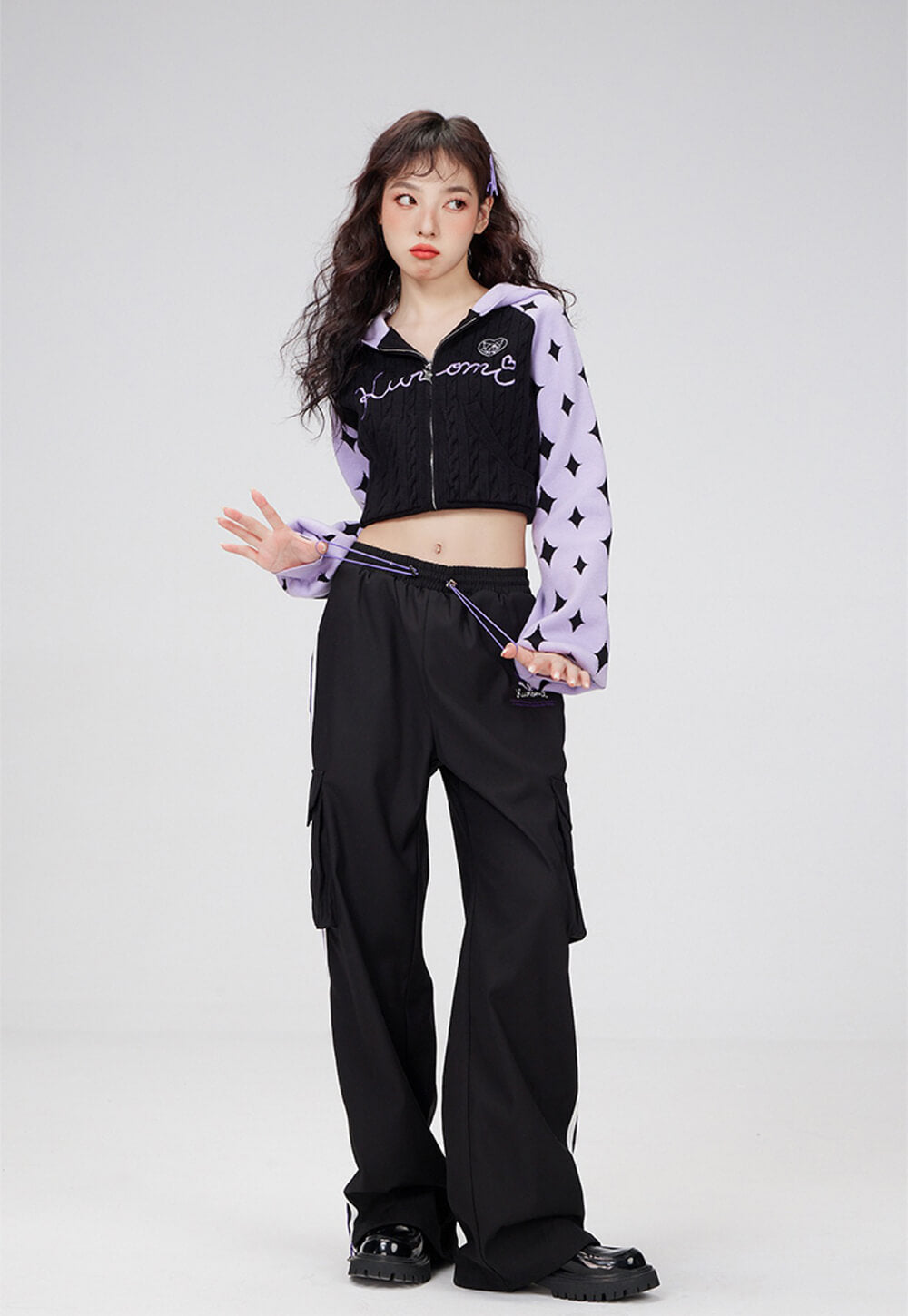 kuromi-embroidery-striped-baggy-cargo-trousers