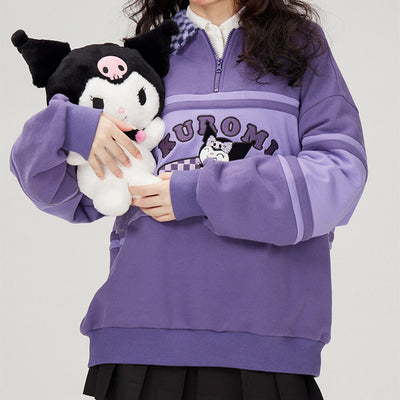 kuromi-half-zip-sweatshirt-with-fluffy-checkered-pattern-collar