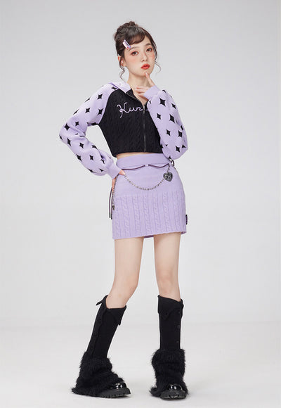 kuromi-knit-hoodied-jacket-matched-with-purple-mini-skirt
