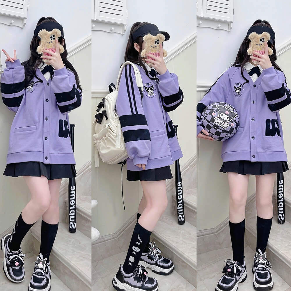 Kyouko Kuromi Purple Colourblock Striped Trim Varsity Jacket Purple Colourblock / XL