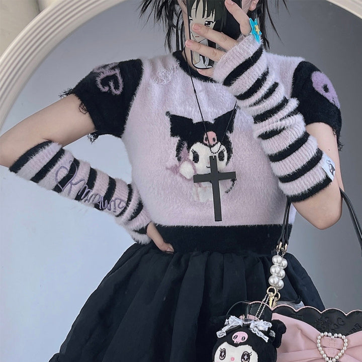 Kuromi Short Sleeve Crop Sweater and Arm Warmer Set – KawaiiEnvy