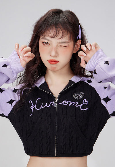 kuromi-zip-up-cable-knit-crop-hoodie-jacket-with-fourpointed-star-pattern