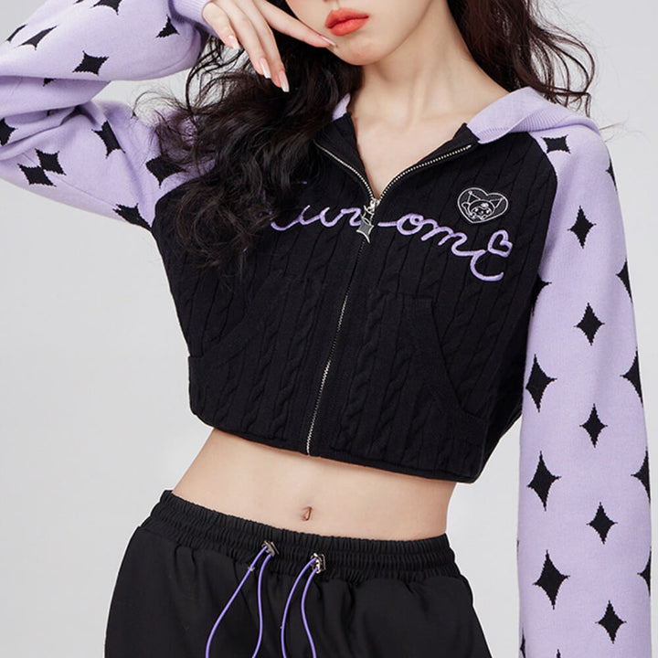 Kuromi Cable Knit Hooded Full Zip Cropped Cardigan – KawaiiEnvy