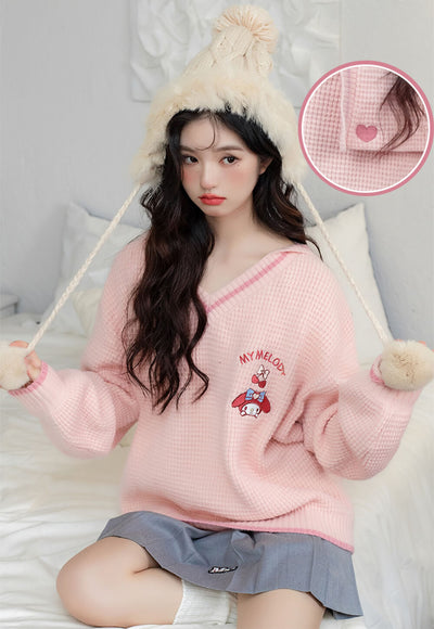my-melody-pink-v-neck-loose-knit-cricket-sweater-pullover-with-sailor-collar