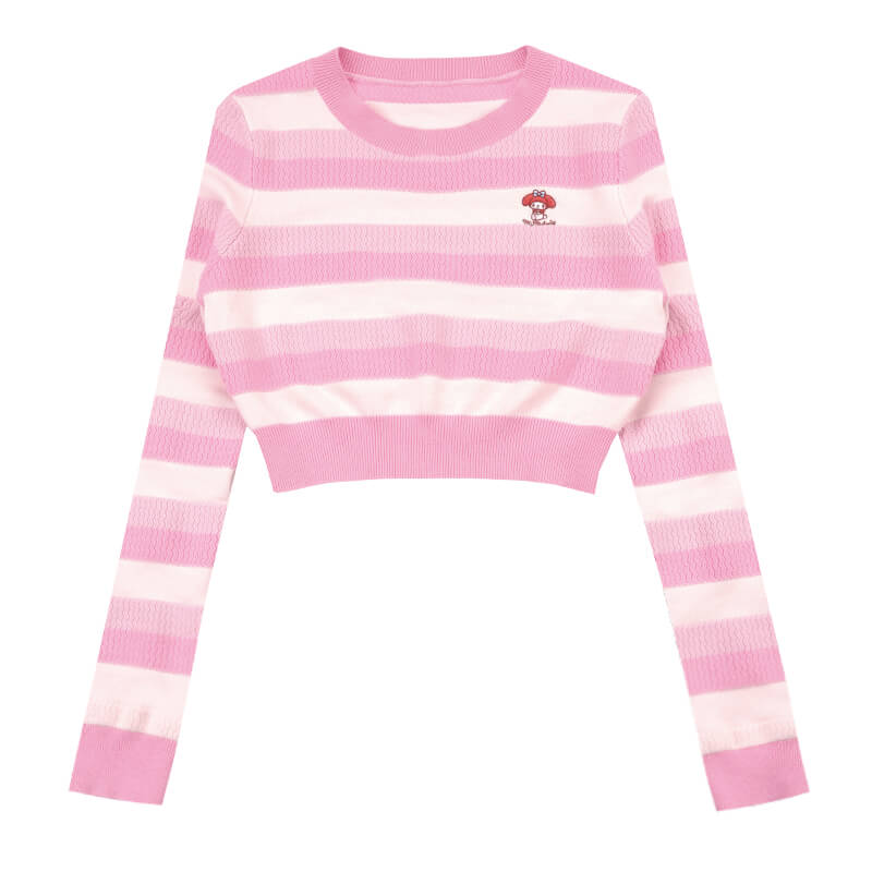 my-melody-slim-fit-round-neck-pink-gradient-striped-crop-sweater-in-pink