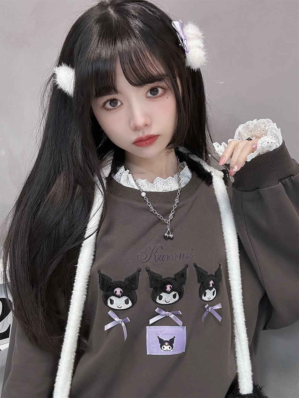 neckline-lace-fuzzy-kuromi-embroidery-grey-sweatshirt