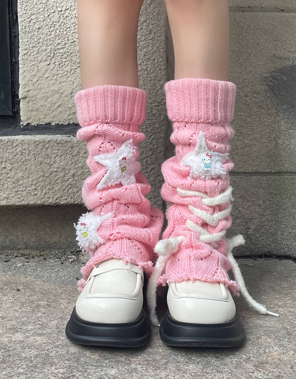 Pink Kitty Cat Star Patchwork Tied Knit Leg Warmers