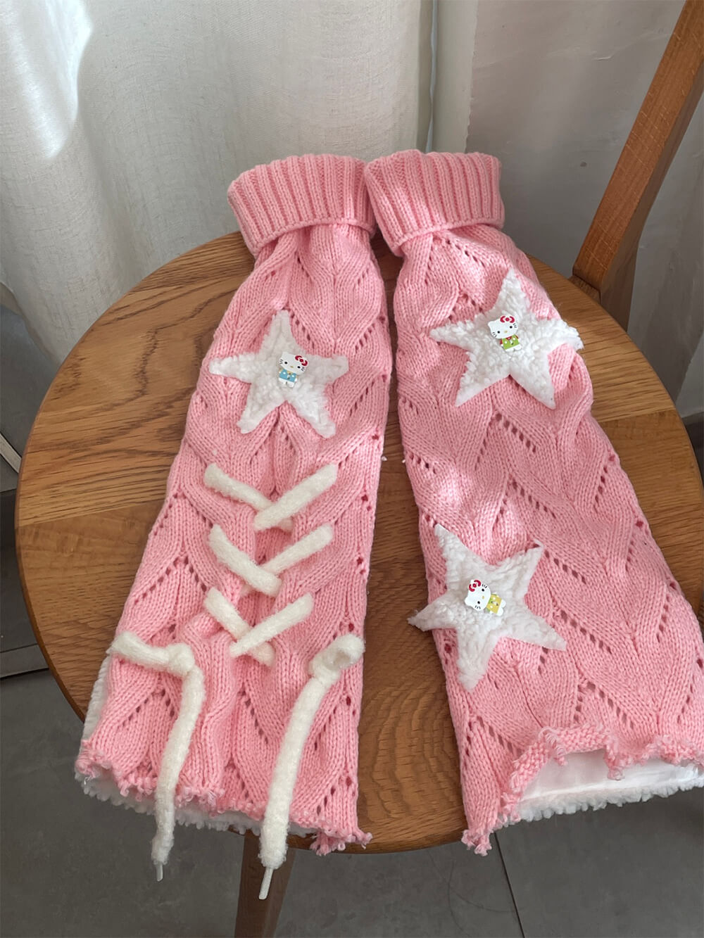Pink Kitty Cat Star Patchwork Tied Knit Leg Warmers – KawaiiEnvy