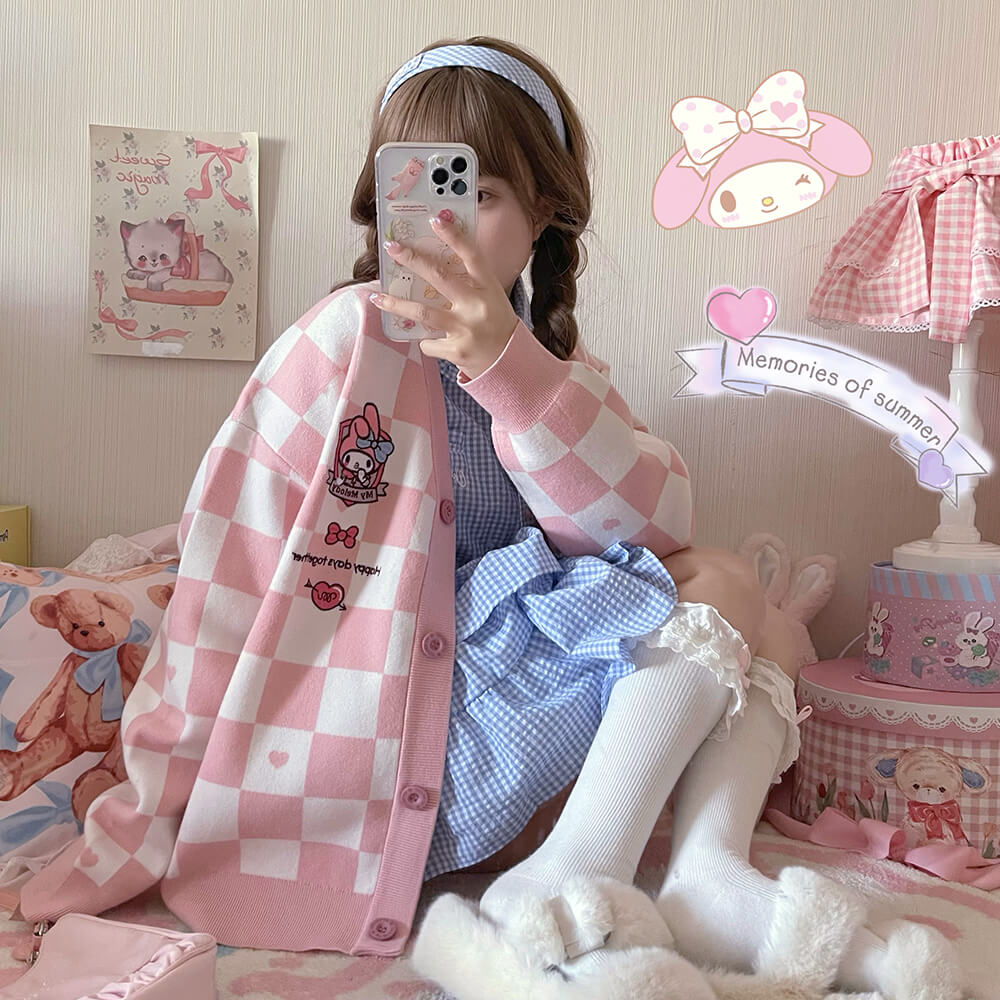 pink-my-melody-checkered-cardigan-sweater