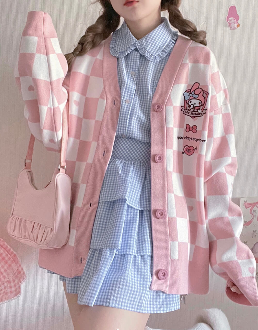 pink-sweet-outfit-styled-by-my-melody-checkered-pattern-cardigan-sweater