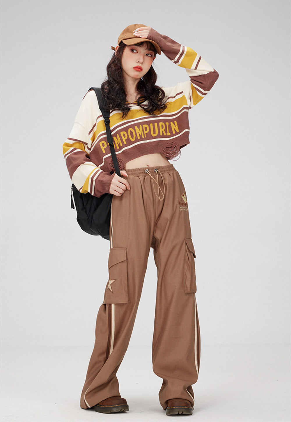 pompompurin-brown-outfit-styled-with-crop-sweater-and-cargo-pants