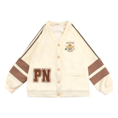 pompompurin-chenille-v-neck-striped-patched-button-jersey-varsity-jacket-in-brown