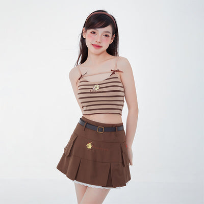 pompompurin-embroidery-khaki-and-brown-striped-spaghetti-strap-sleeveless-summer-top