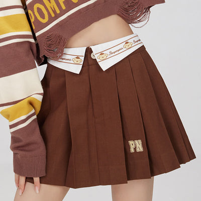 pompompurin-embroidery-lapel-collar-pleated-a-line-mini-skirt-jk-brown
