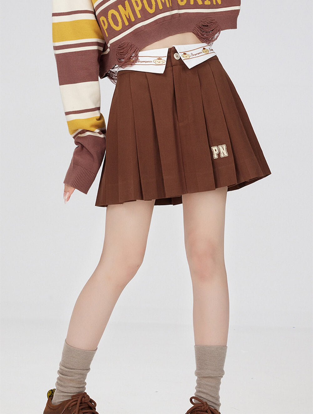 pompompurin-embroidery-lapel-collar-pleated-skirt-brown