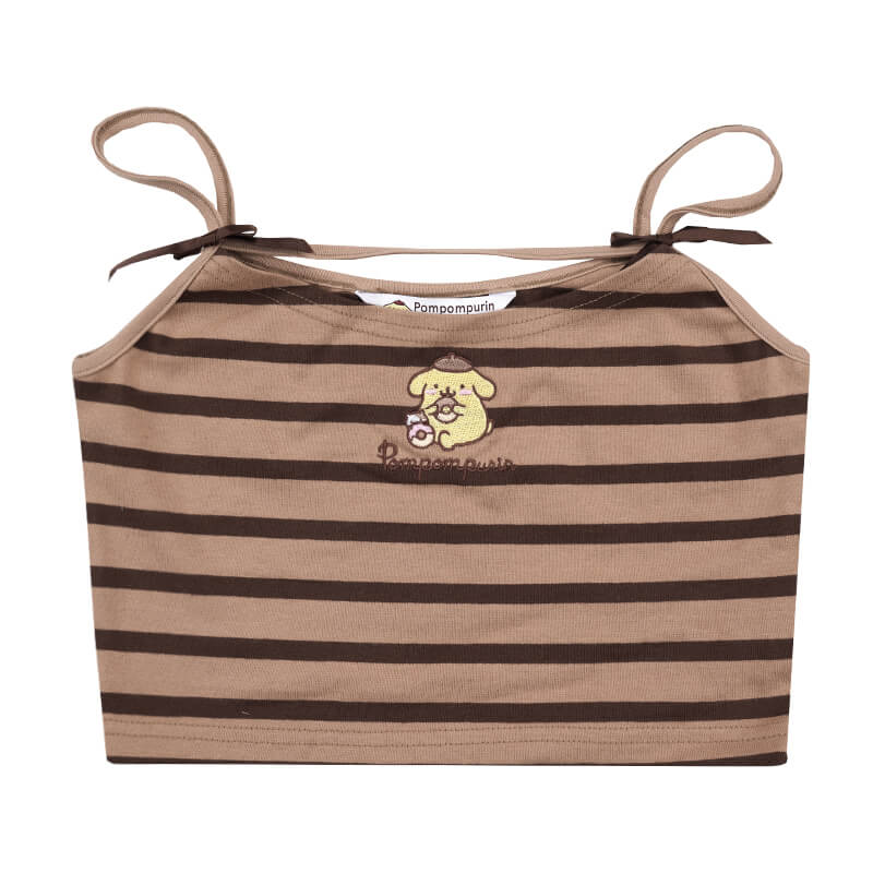 pompompurin-enjoying-donut-embroidery-brown-striped-spaghetti-strap-sleeveless-summer-top