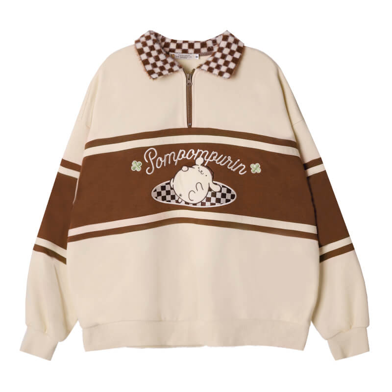 pompompurin-half-zip-sweatshirt-with-fluffy-checkered-pattern-collar-in-brown