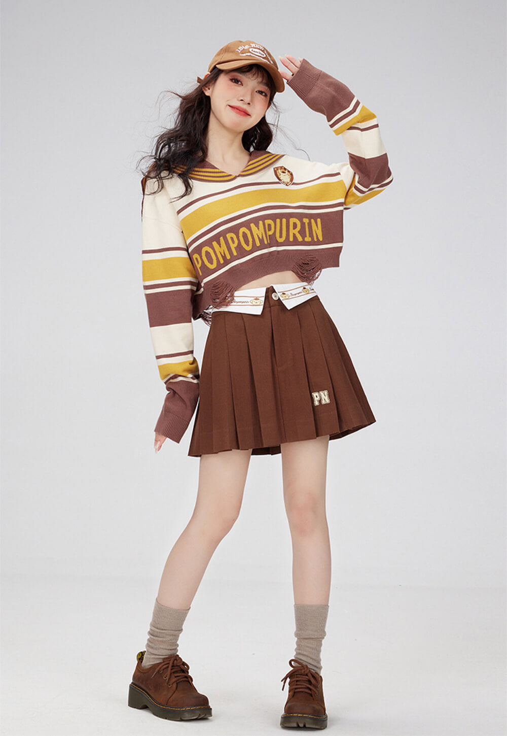 pompompurin-jk-outfit-striped-sailor-collar-crop-jumper-and-pleated-skirt