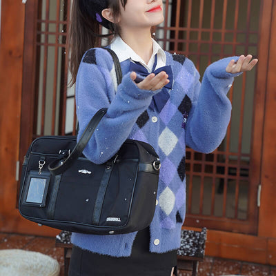preppy-style-outfit-look-styled-by-cinnamoroll-embossed-black-shoulder-bag-and-argyle-pattern-cardigan