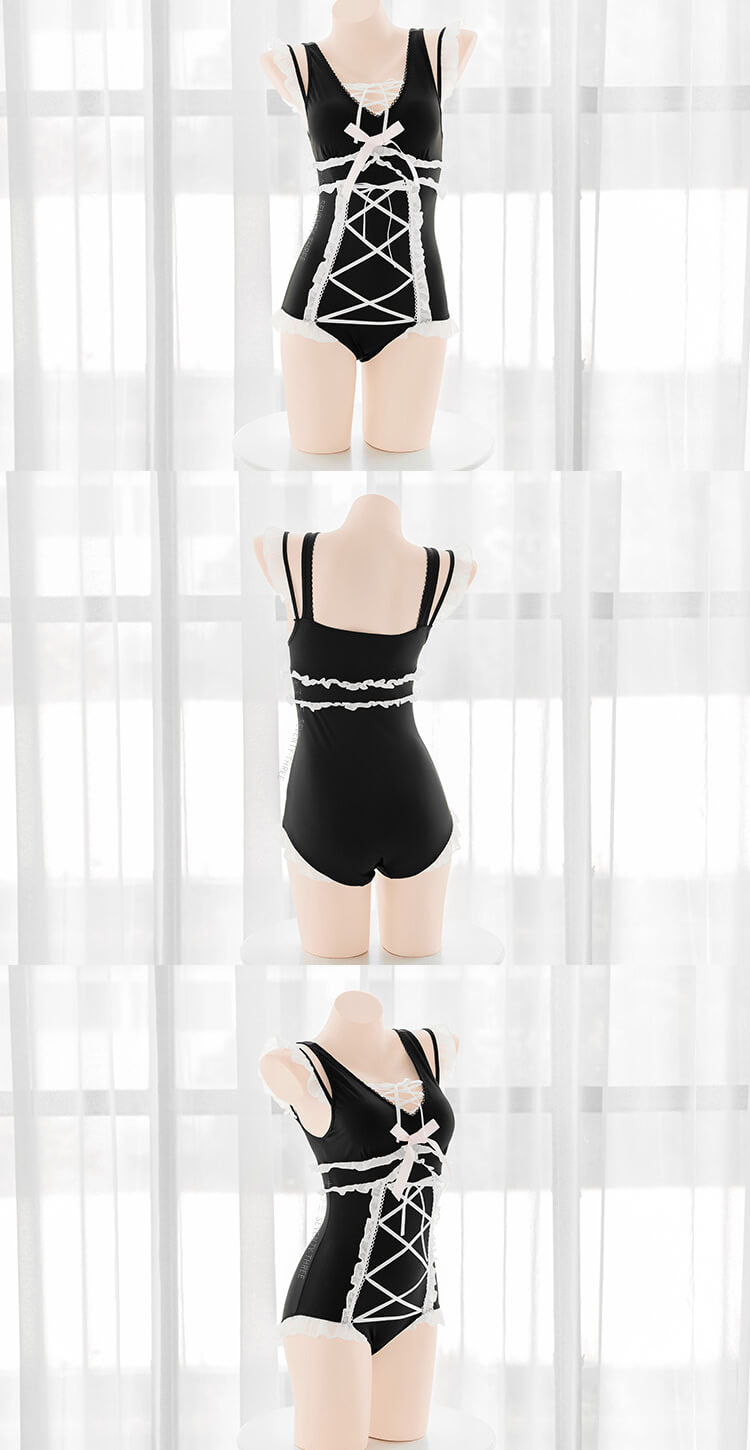 product-display-of-the-girly-lace-up-bow-one-piece-swimsuit-black