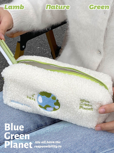 protect-planet-graphic-embroidery-lamb-wool-fluffy-zippered-pen-bag