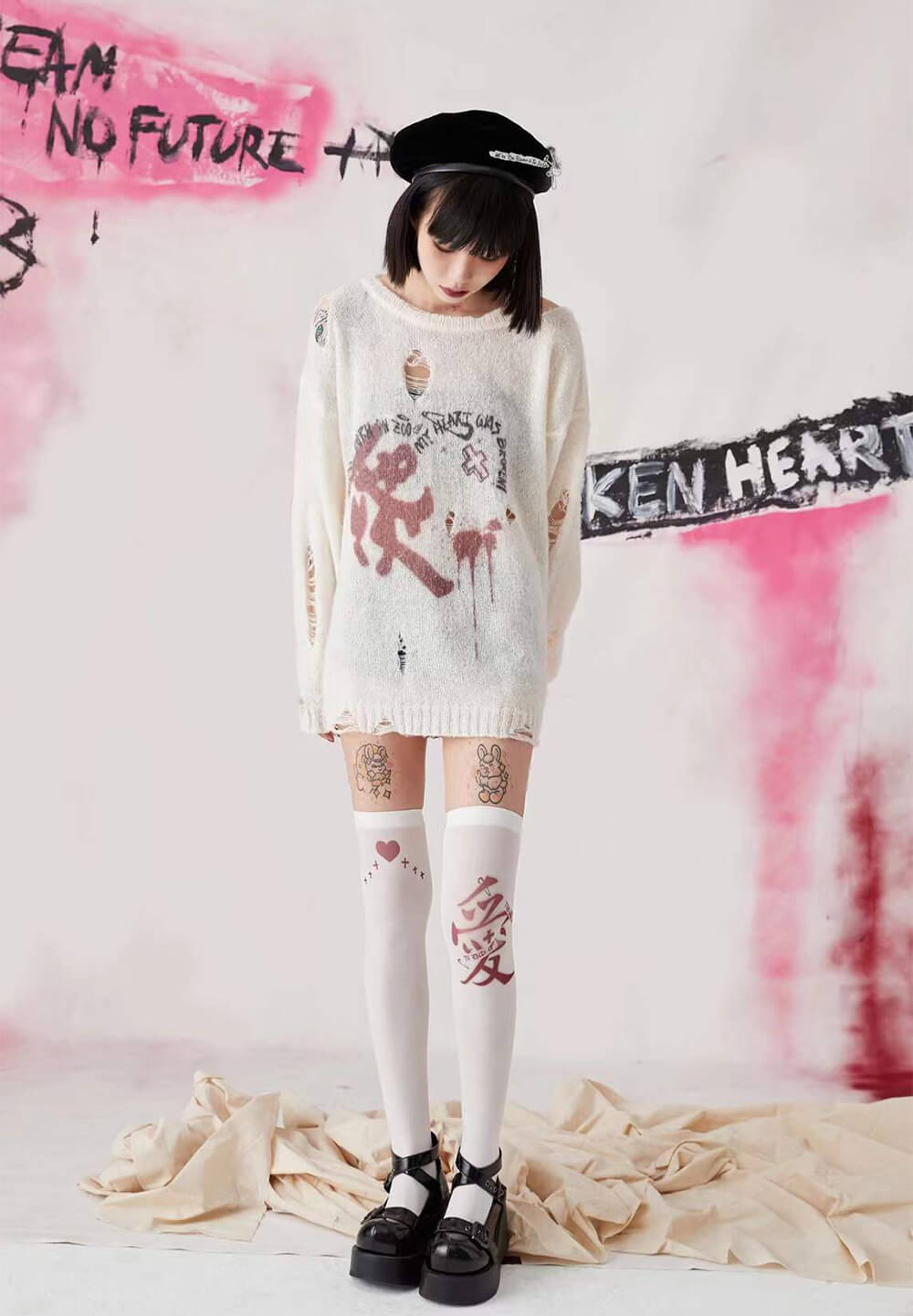White Ripped Sweater Punk Grunge Torn Ripped Oversized Knit Sweater – KawaiiEnvy