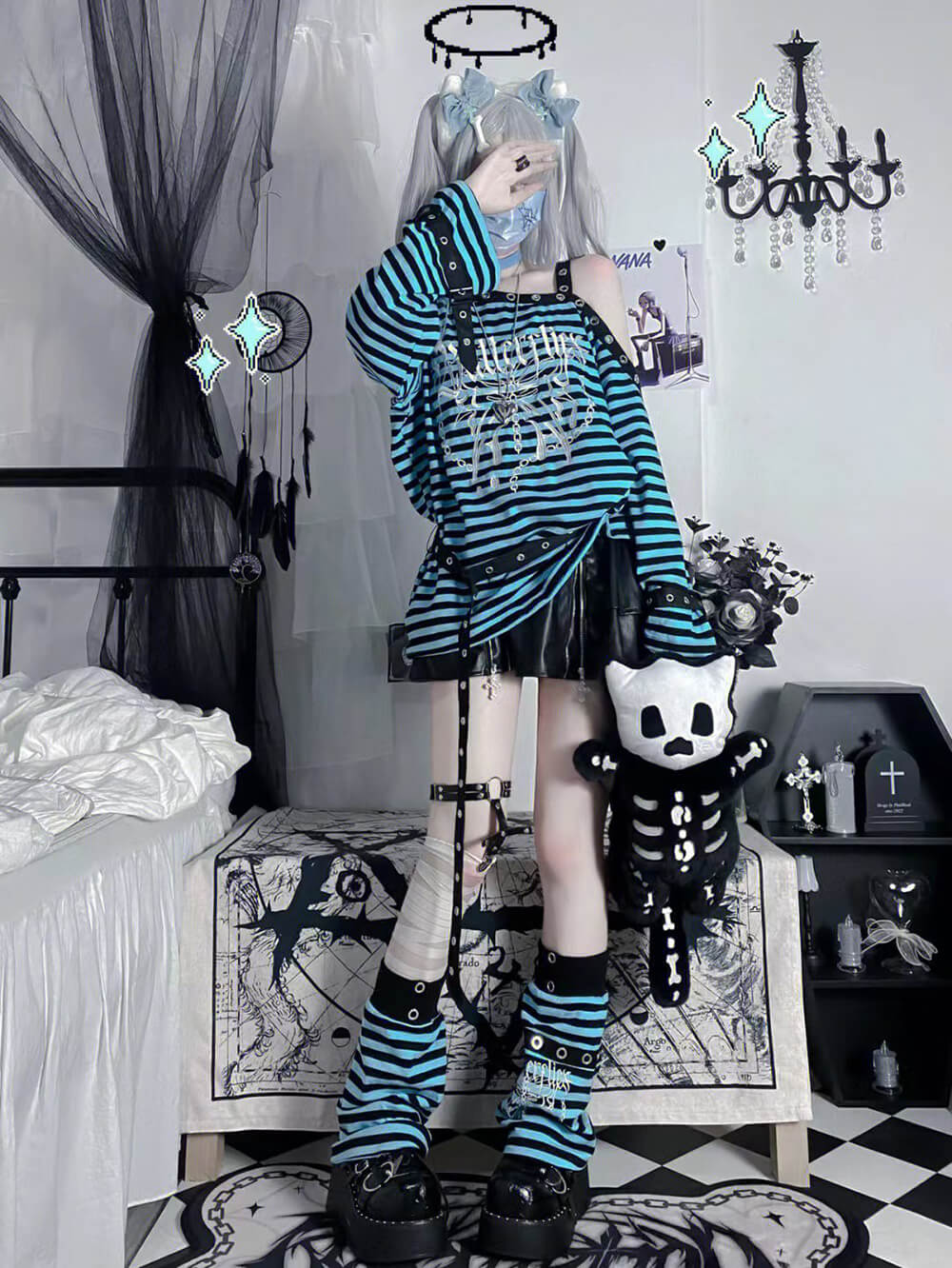punk-virtual-butterfly-embroidery-one-shoulder-strap-long-sleeve-sweatshirt-in-light-blue-with-same-color-leg-warmer