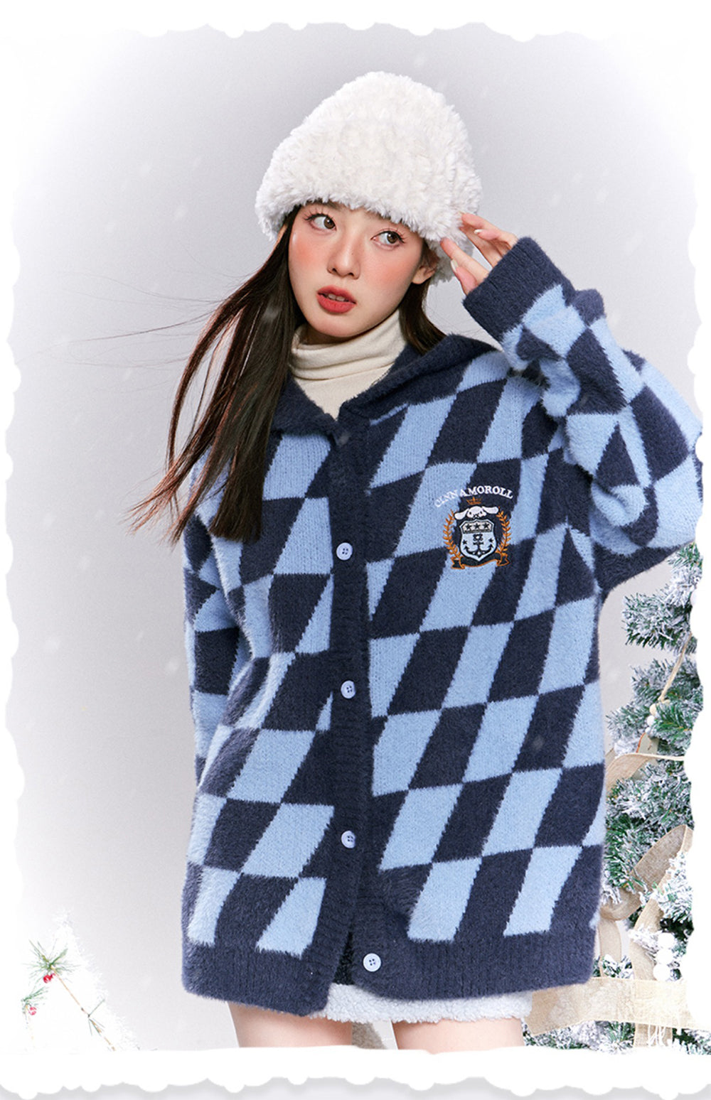 sanrio-authorized-cinnamoroll-argyle-pattern-hooded-cardigan-for-women