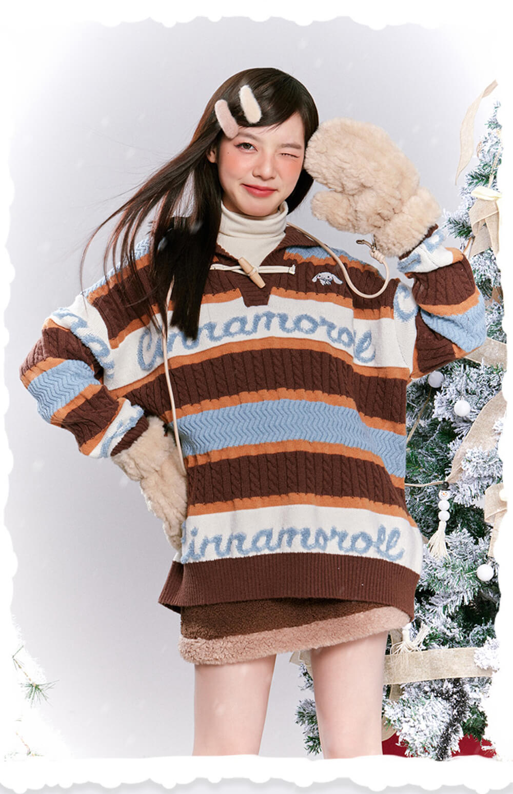 sanrio-authorized-cinnamoroll-brown-and-blue-striped-patchwork-women_s-hooded-sweater