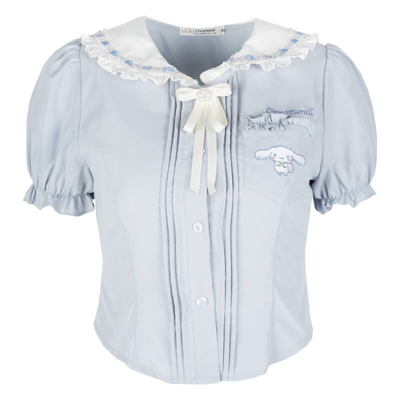 sanrio-authorized-cinnamoroll-embroidery-lace-peter-pan-collar-puff-sleeve-blouse-with-bow-tie-in-blue