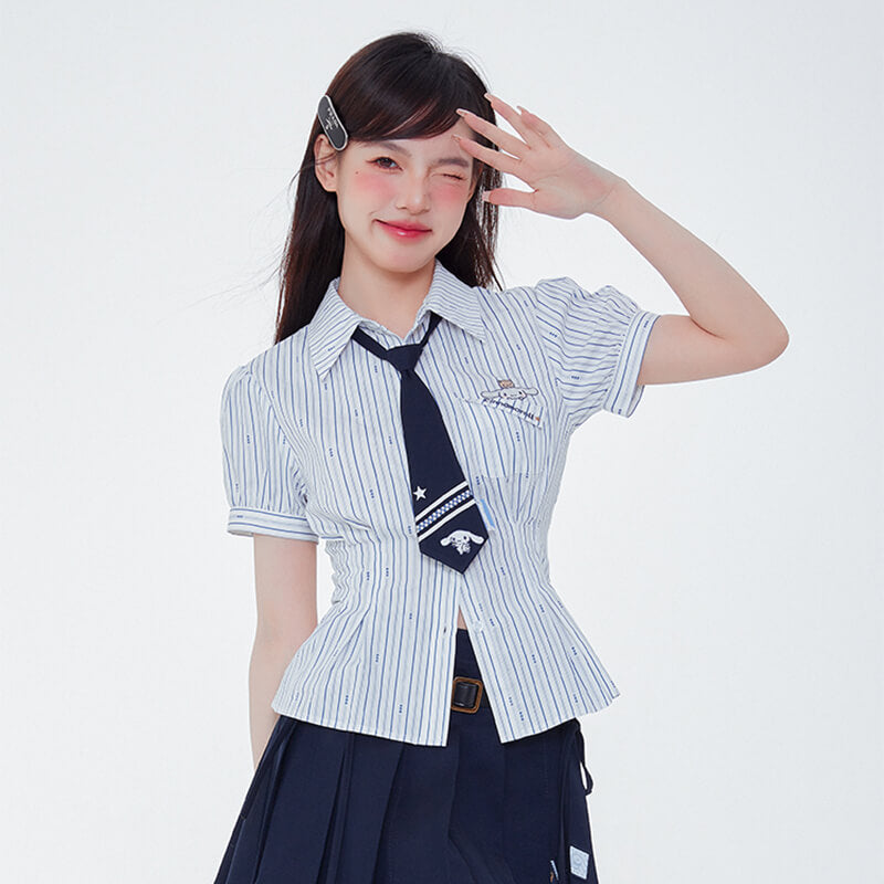 sanrio-authorized-cinnamoroll-embroidery-stars-blue-striped-pattern-short-sleeve-cinched-waist-shirt