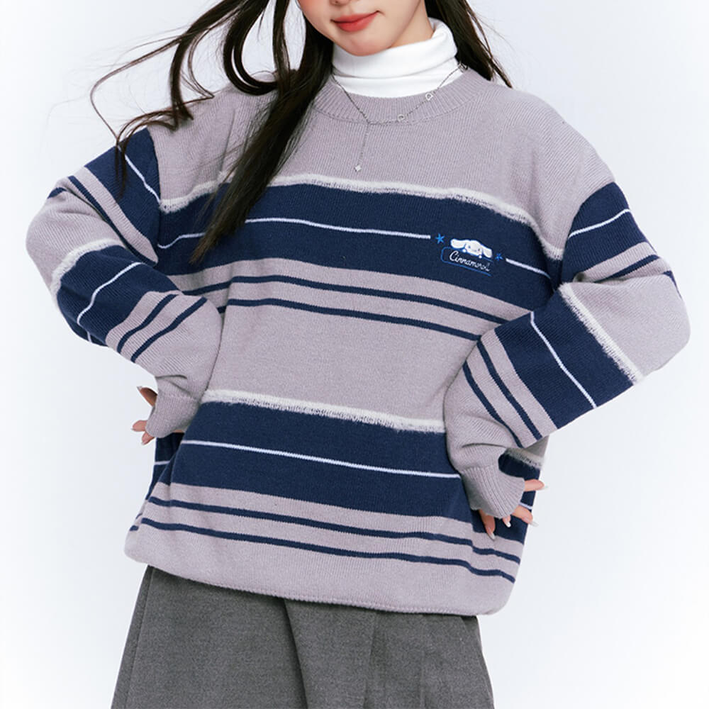 sanrio-authorized-cinnamoroll-round-neck-striped-loose-sweater-pullover