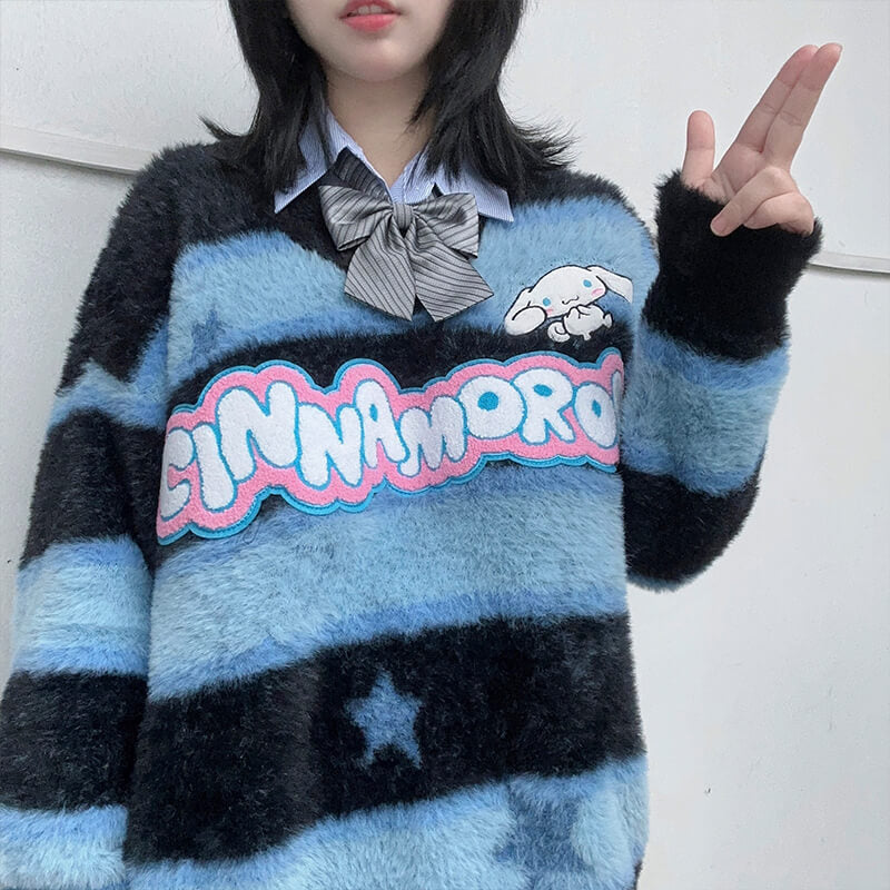 sanrio-authorized-kawaii-cinnamoroll-v-neck-striped-soft-fuzzy-sweater