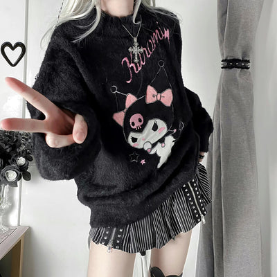 sanrio-authorized-kawaii-embroidery-kuromi-frilled-neckline-pullover-in-black