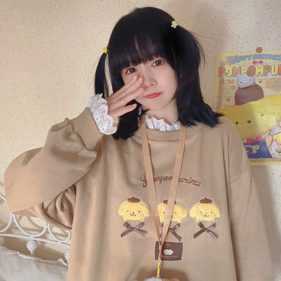sanrio-authorized-kawaii-pompompurin-faces-embroidery-bowknot-ribbon-decorated-lace-khaki-sweatshirt