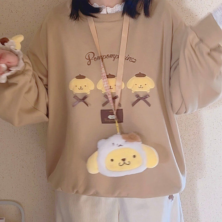 Fuzzy Pompompurin Face Embroidery Khaki Lace Sweatshirt – KawaiiEnvy